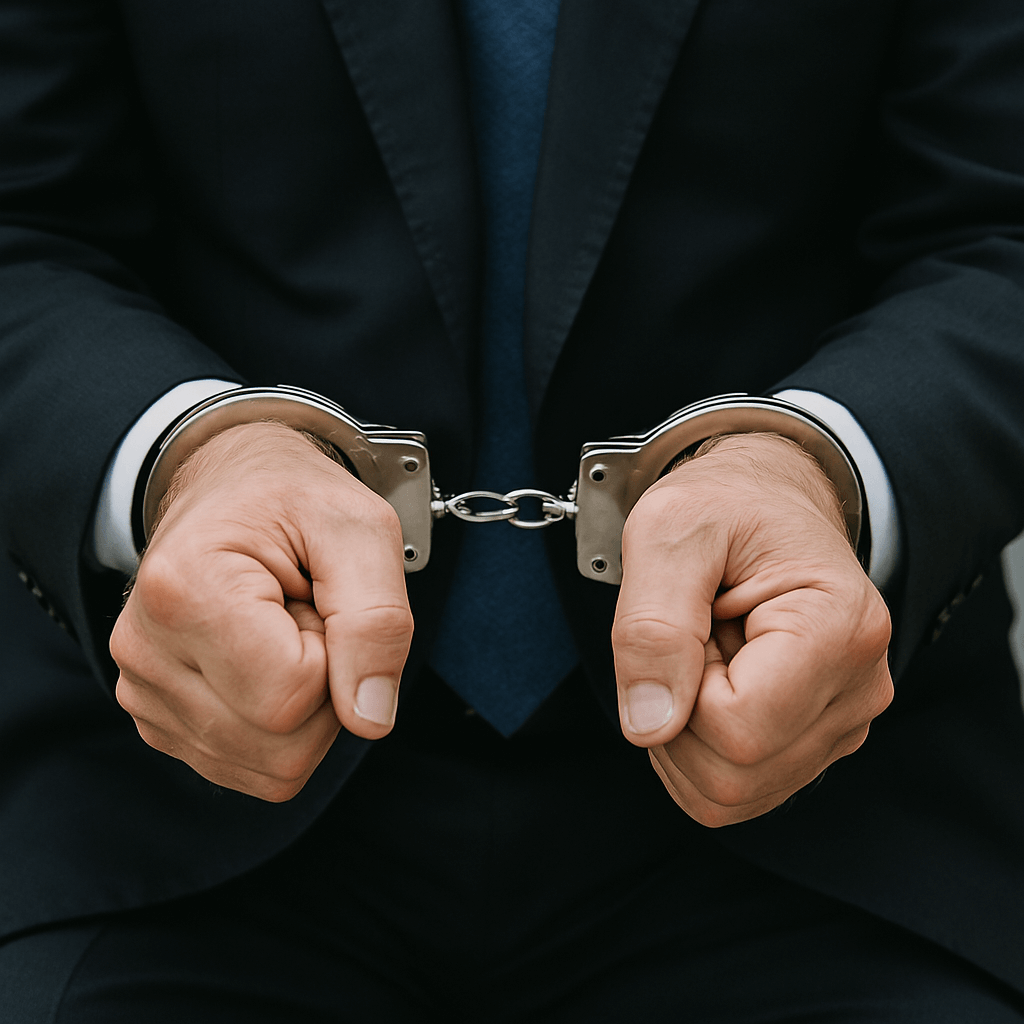 Dłonie mężczyzny ubranego w garnitur w kajdankach